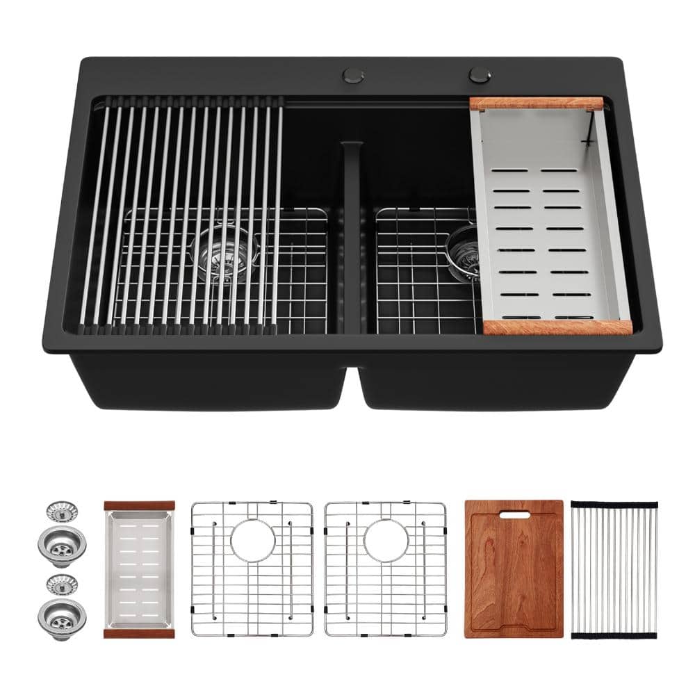 33 in. Drop-In 50/50 Double Bowl Low Devide Workstation Kitchen Sink in Black Quartz Composite with Brushed Accessories price history on PriceWatchPro