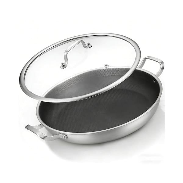 Tri-Ply 14.5 in. Stainless Steel Paella Pan, Paella Pan with Lid, Nonstick Large Skillet, Induction Skillet for Outdoors