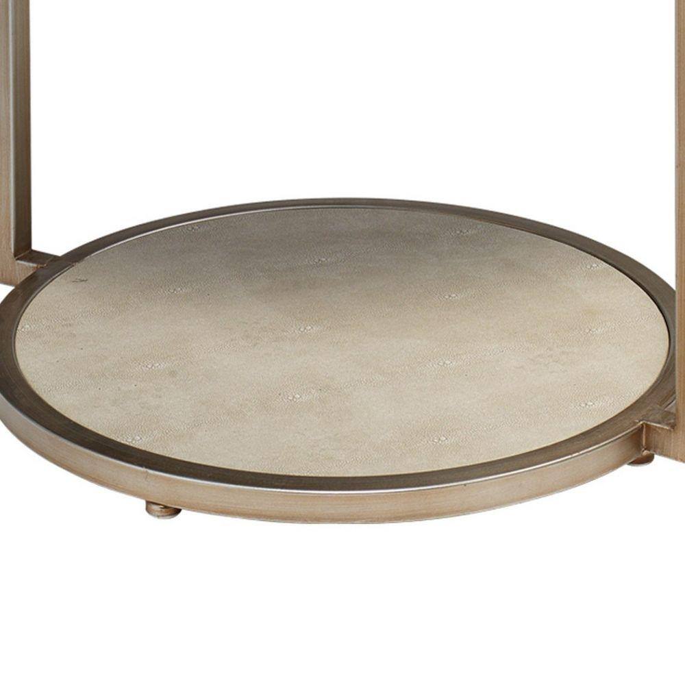 Round White and Gold Metal Side Table with Faux Shagreen Top