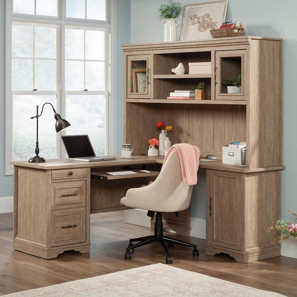 Brushed Oak L-Shaped Executive Desk with Drawers and Keyboard Tray
