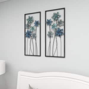 Metal Gray Floral Wall Decor with Black Frame (Set of 2)