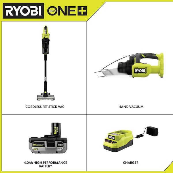 RYOBI ONE+ HP 18V Brushless Cordless Pet Stick Vacuum Cleaner Kit w/  Battery, Charger  Cordless Multi-Surface Handheld Vacuum PBLSV716K-PCL705B  The Home Depot