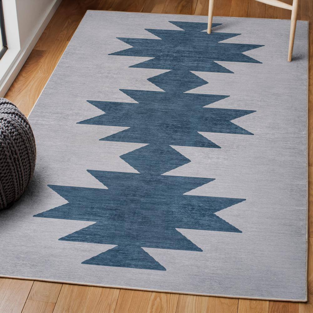 Chayton Gray and Blue Geometric Washable Chenille Area Rug
