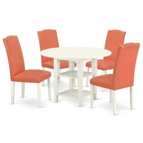 East West Furniture 5-Piece Linen White Finish Solid Wood Top-Round Dining Room Set with Dropleaf-Seats 4