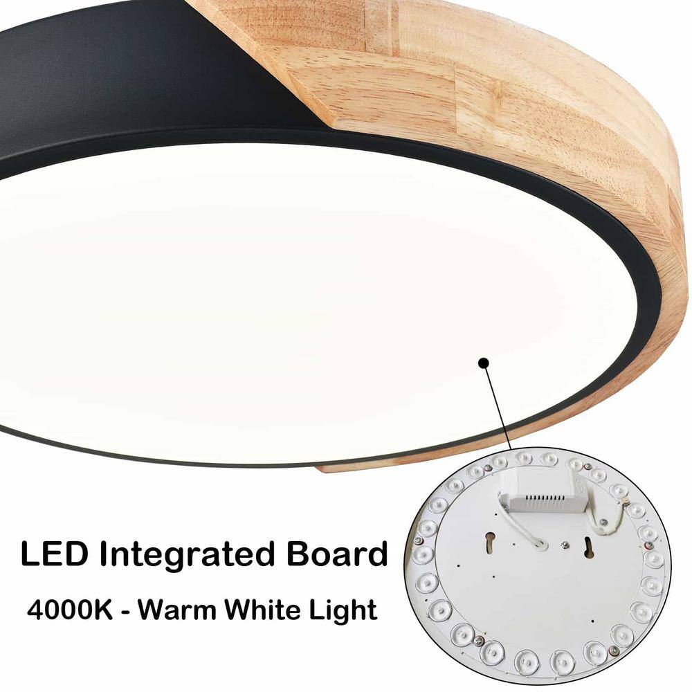 Black and Wood LED Drum Flush Mount Ceiling Light