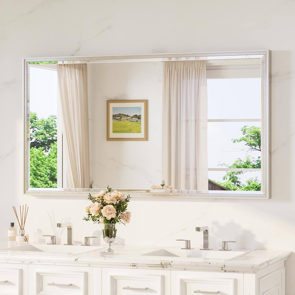 TETOTE 55 in. W x 30 in. H Framed Rectangular Brushed Nickel Mirrors ...