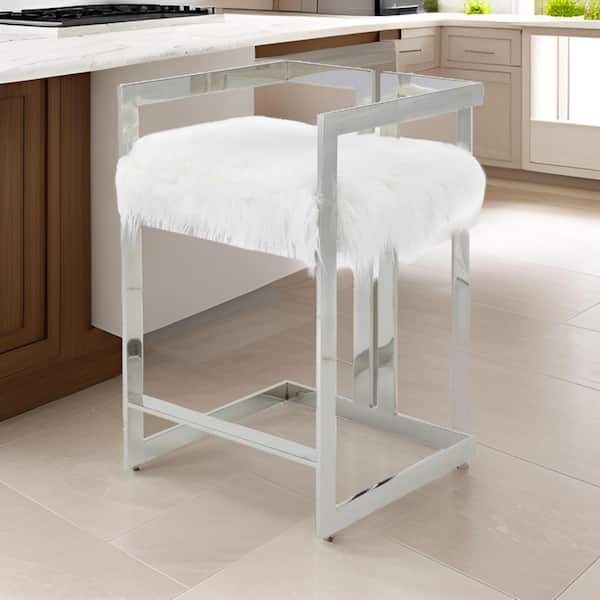 Benjara 25.5 in. White and Silver Low Back Metal Frame Bar Stool with Fabric Seat