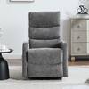 Grey chenille manual swivel recliner rocker chair in an upright position.