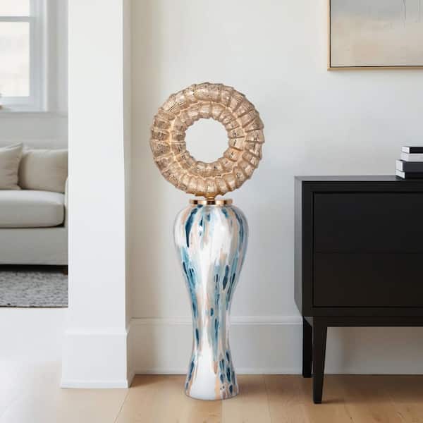 Liv & Skye 41 in. Blue Glass Swirl Jar with Metal Ring Top