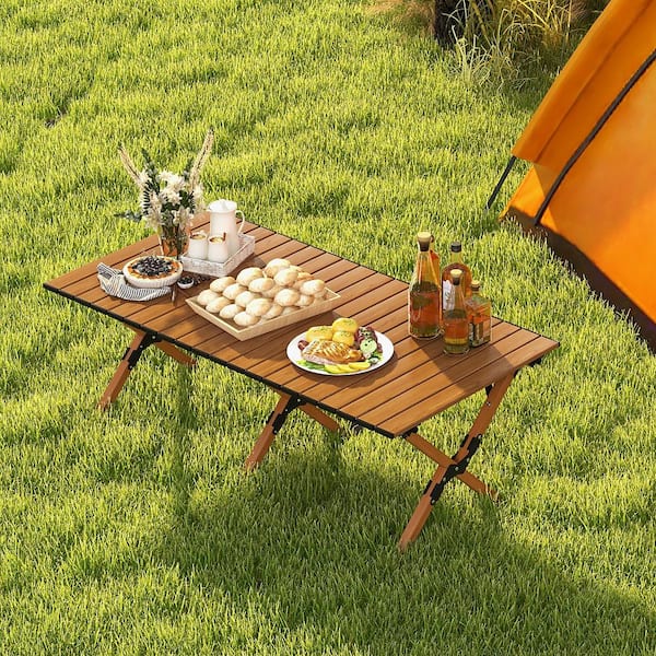 47 in. Natural Rectangle Folding Aluminum Camping Table with Carry Bag Roll-Up Picnic Table with Wood Grain