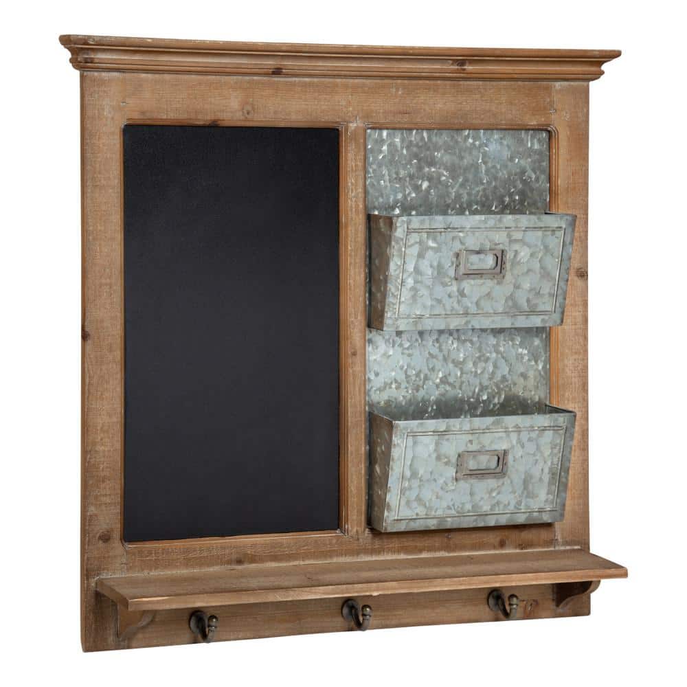 Rustic Brown Wood and Metal Wall Organizer with Chalkboard