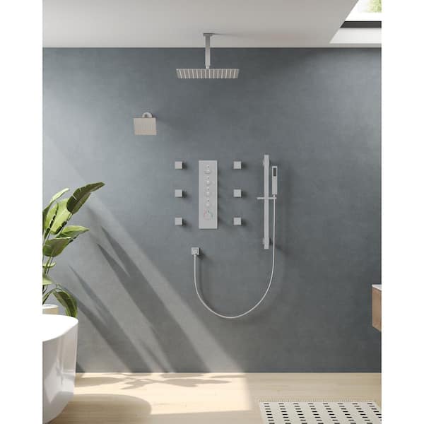 EVERSTEIN 15-Spray Patterns 16 and 6 in. Square Ceiling and Wall Mount Shower System Set in Brushed Nickel