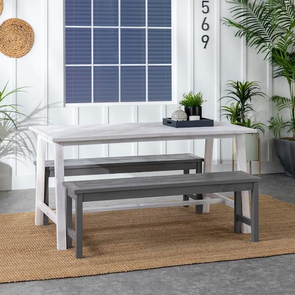 Walker Edison Furniture Company White Wash and Grey Wash 3-Piece Acacia Wood Boho Rectangle Table and Benches Outdoor Dining Set