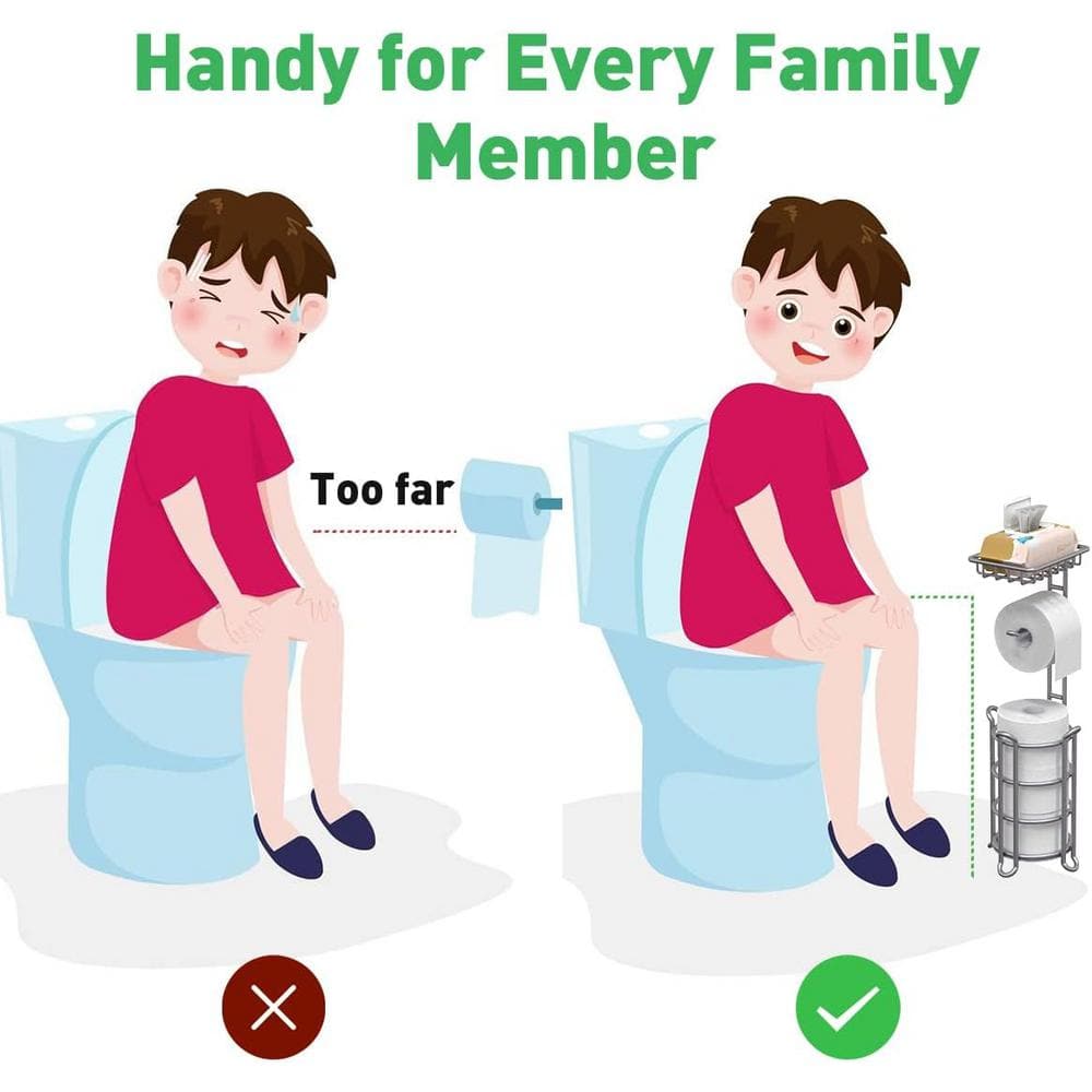 Silver Freestanding Toilet Paper Holder with Extra Storage Shelf