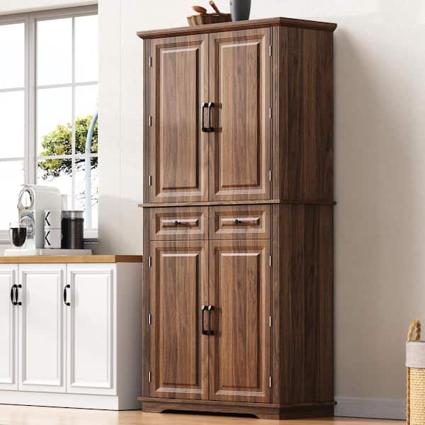 71" Tall Brown Farmhouse Kitchen Pantry Cabinet with 3 Pull Out Cabinet Organizers,6 Door Shelves, 2 Drawers