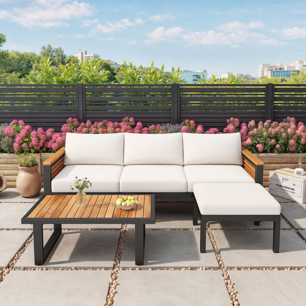 3 Piece Acacia Wood Outdoor Metal Patio Sectional Set with Beige ...