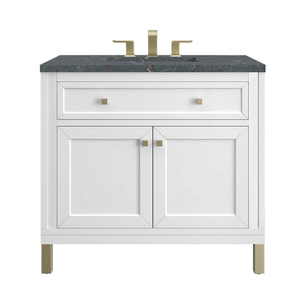 James Martin Vanities Chicago 36.0 in. W x 23.5 in. D x 34.0 in. H Single Bathroom Vanity Glossy White and Parisien Bleu Quartz Top