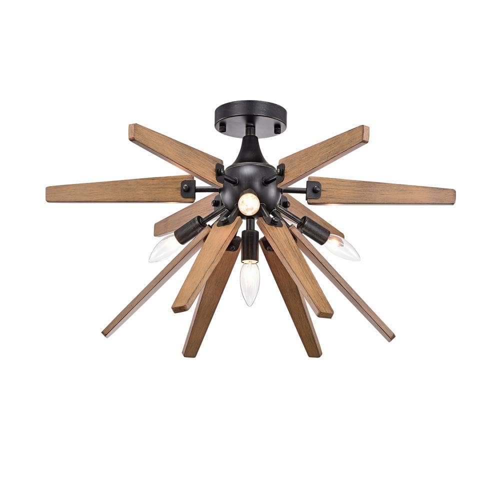 Bernice 26'' Antique Black and Natural Wood Sputnik Flush Mount