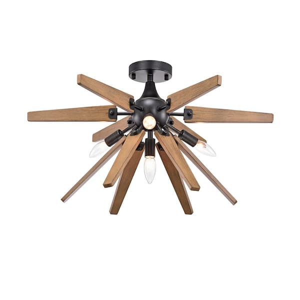 Jojospring Amapola 26 in. 4-Light Antique Black Finish Sputnik Natural Wood Flush Mount with No Bulbs Included