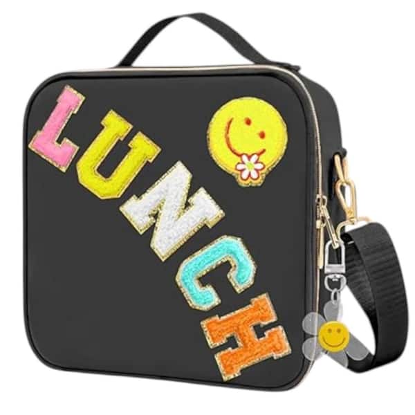 Black Lunch Bag, suitable for kids, teens, women and men, with adjustable shoulder strap, waterproof and large capacity