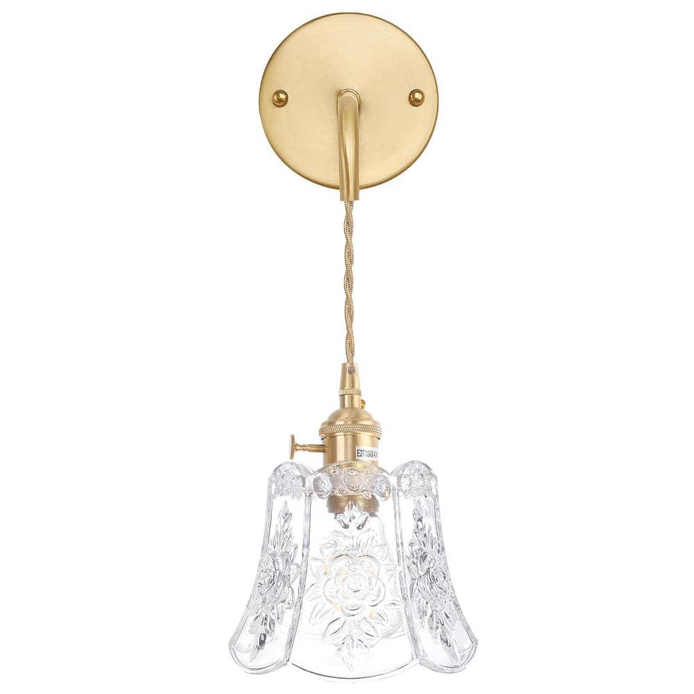 Retro 4.72 in. 1 Light Gold Vintage Smart Home Wall Sconce with Rose Clear 