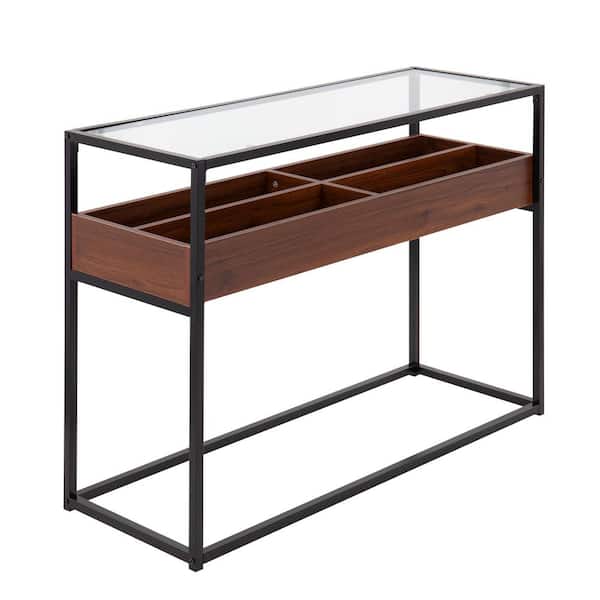 Lumisource Display 16 in. Walnut Wood and Black Steel Rectangular Glass Console Table with 4-Storage Compartments