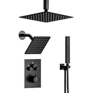 Thermostatic 7-Spray 12 in. Ceiling Mount Dual Shower Head and Handheld Shower in Matte Black (Valve Included)
