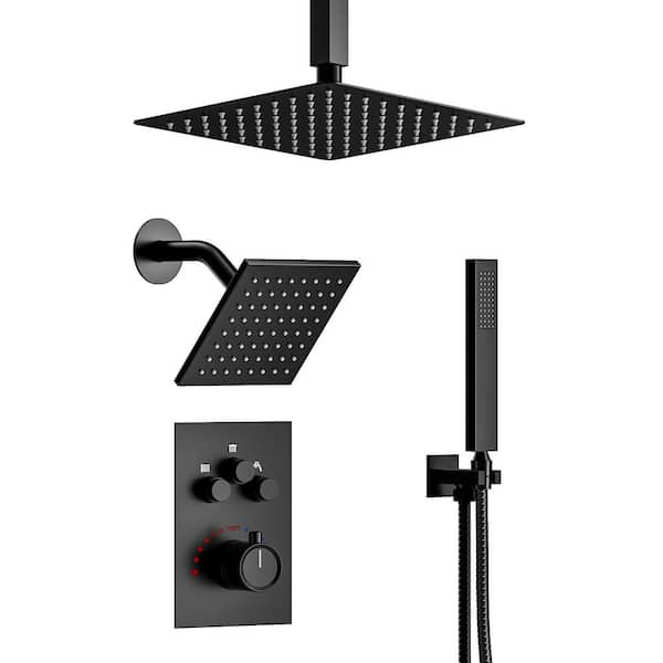 CRANACH Thermostatic 7-Spray 12 in. Ceiling Mount Dual Shower Head and Handheld Shower 2.5 GPM in Matte Black (Valve Included)