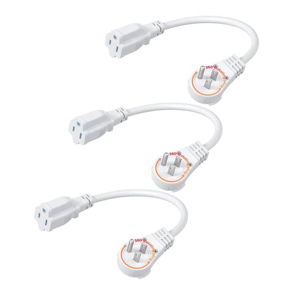 1 ft. SJTW 14 / 3 Gauge Indoor Extension Cord with 3-Prong Outlets and Flat Head, 3 Pack, White