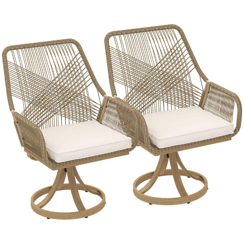 Patio Swivel Chairs Set of 2, Rattan Patio Dining Chairs with Soft Cushions