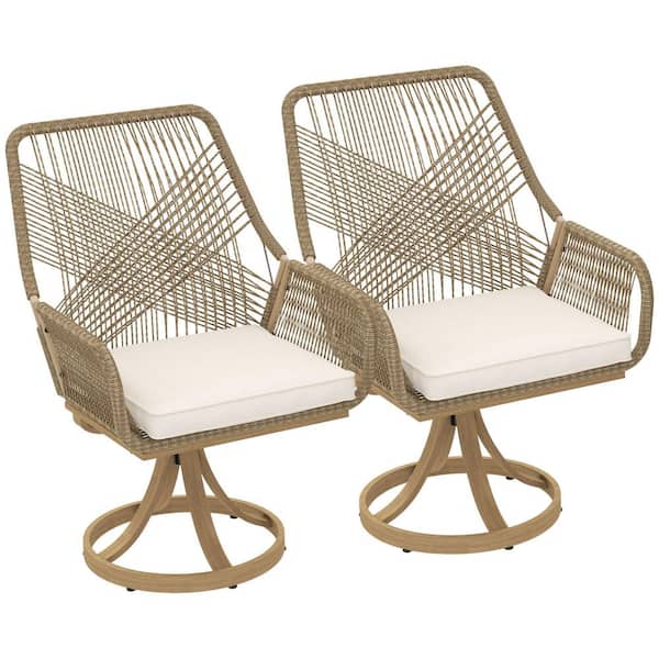 Outsunny Patio Swivel Chairs Set of 2, Rattan Patio Dining Chairs with Soft Cushions and Metal Frame for Backyard, Lawn