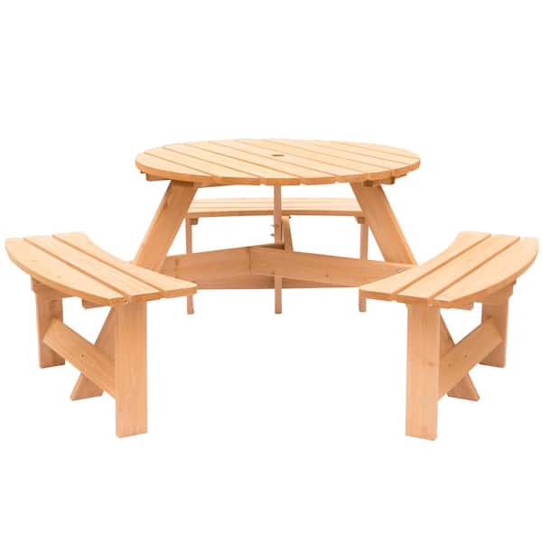 Round Wooden Outdoor Picnic Table, Round Wood Outdoor Table With Umbrella Hole
