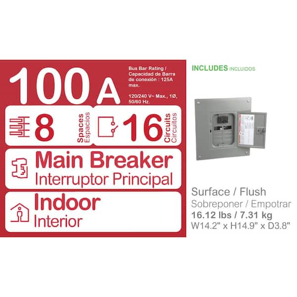 Homeline 100 Amp 8-Space 16-Circuit Indoor Main Breaker Plug-On Neutral Load Center with Cover