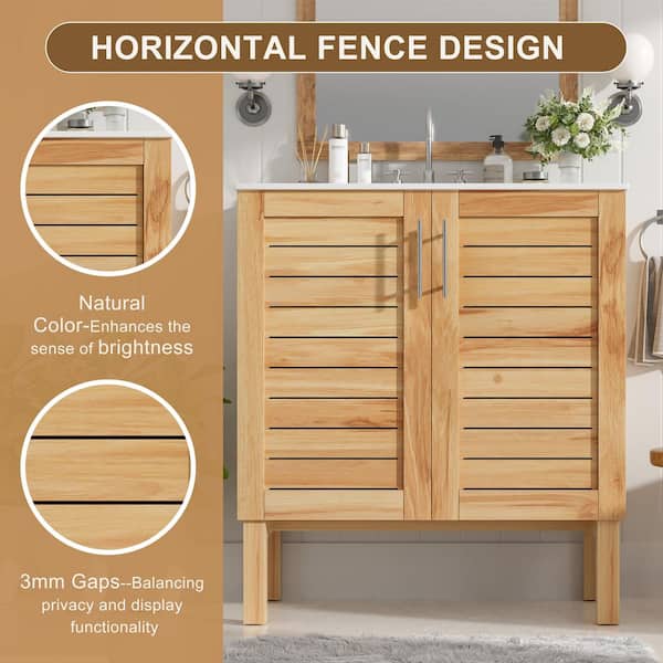 Sutton 30 in. Modern Bathroom Antique Natural and Brown Wood Cabinet Bath Vanity with White Ceramic Top Sink, Drawers