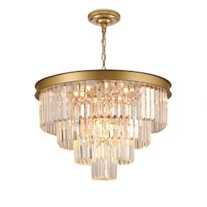 23 in. 9-Light Gold Modern Crystal Chandelier, 4-Tier Luxury Adjustable Pendant Light for Living Room(Bulbs Included)