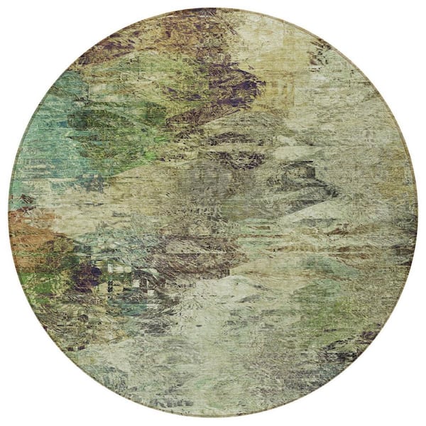 Beige, Green, Artichoke Green 8 Round. Woven Abstract Polyester Round Indoor / Outdoor Area Rug