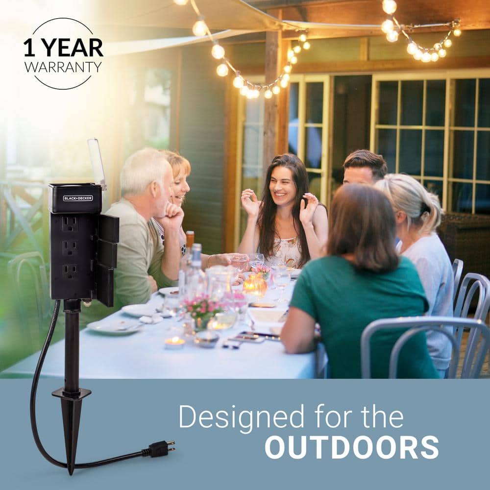 Black Waterproof Outdoor Garden Timer Stake with 6 Grounded Outlets