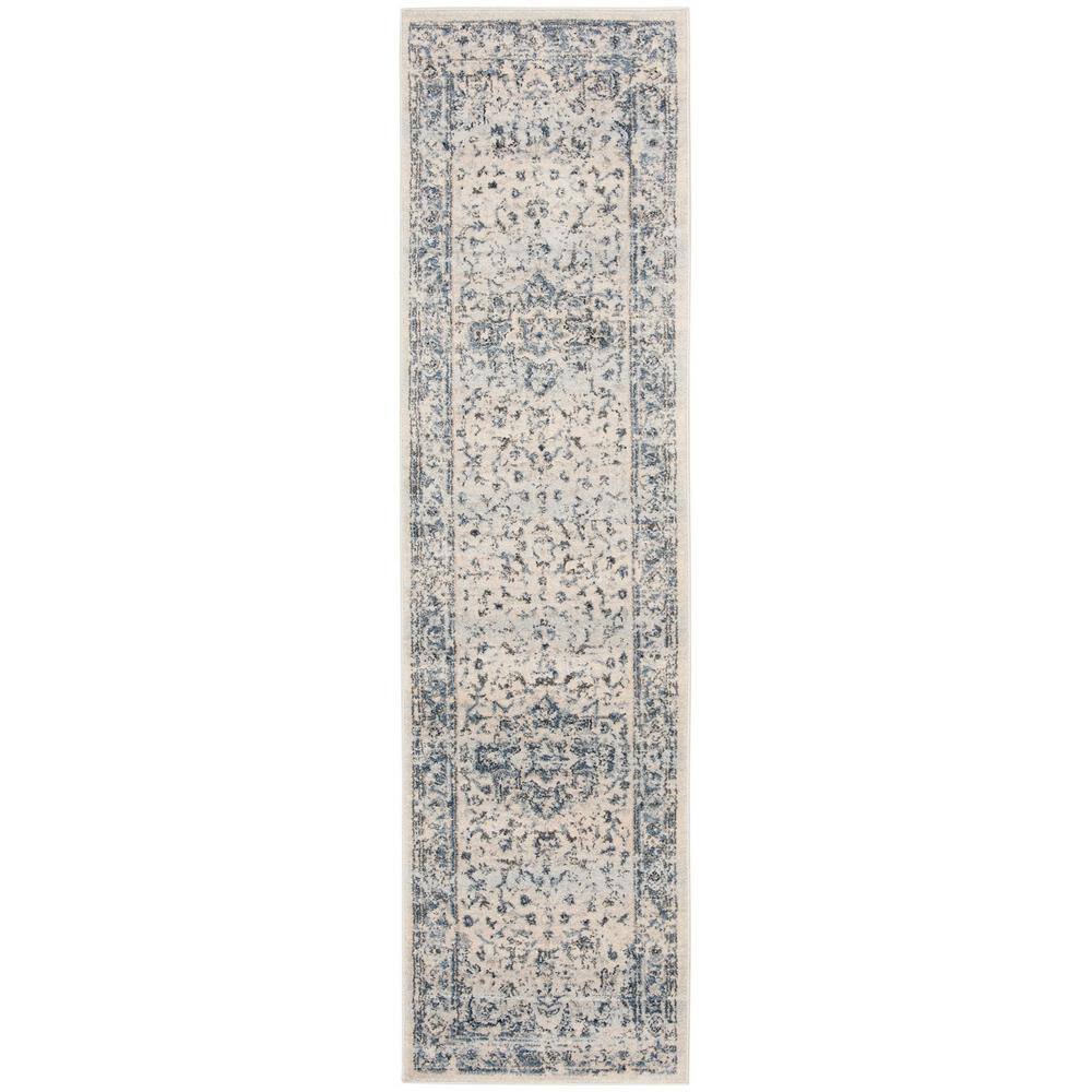 Ivory and Navy Synthetic Floral Runner Rug, 2' x 16'