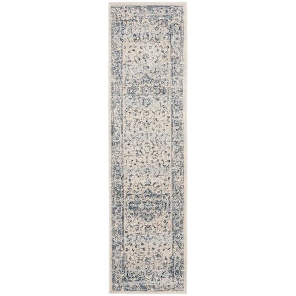 Charleston Ivory/Navy 2 ft. x 16 ft. Distressed Border Runner Rug