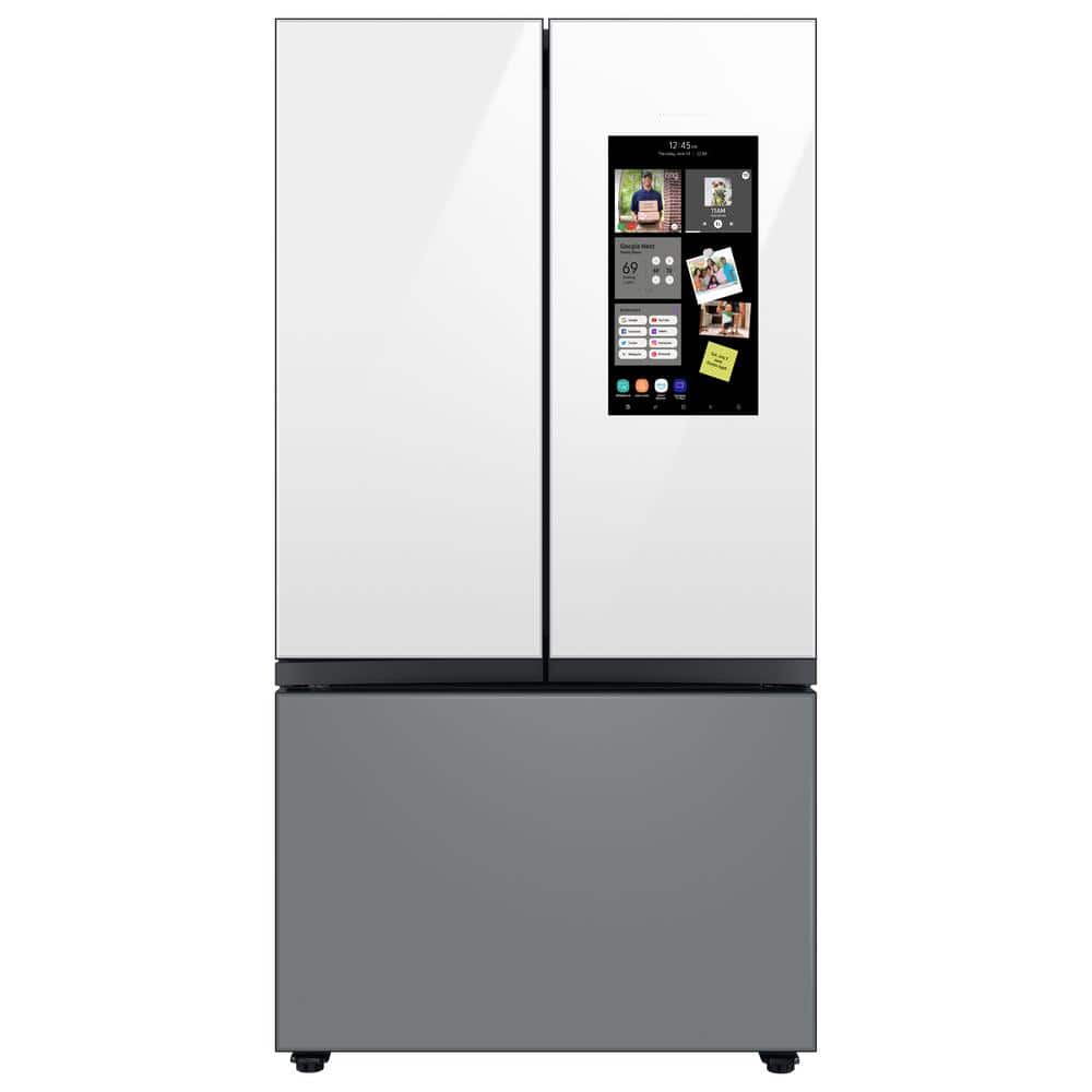Bespoke 30 cu. ft. 3-Door French Door Smart Refrigerator with Family Hub in White Glass/Matt Grey Glass, Standard Depth