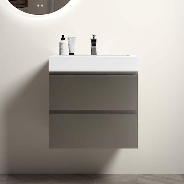 INSTER NOBLE 24 in. W x 18 in. D x 25 in. H Single Sink Floating Bath Vanity in Gray with White Solid Surface Integral Top