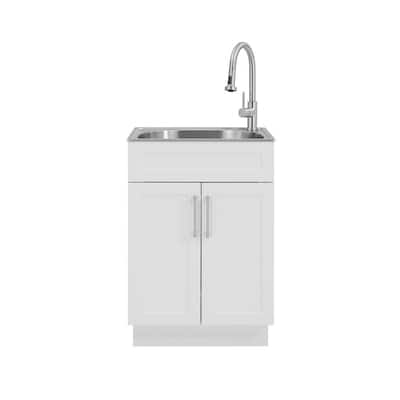 All-in-One 24.125 in. x 21.375 in. x 35 in. Stainless Steel Laundry Sink with Faucet and White Storage Cabinet