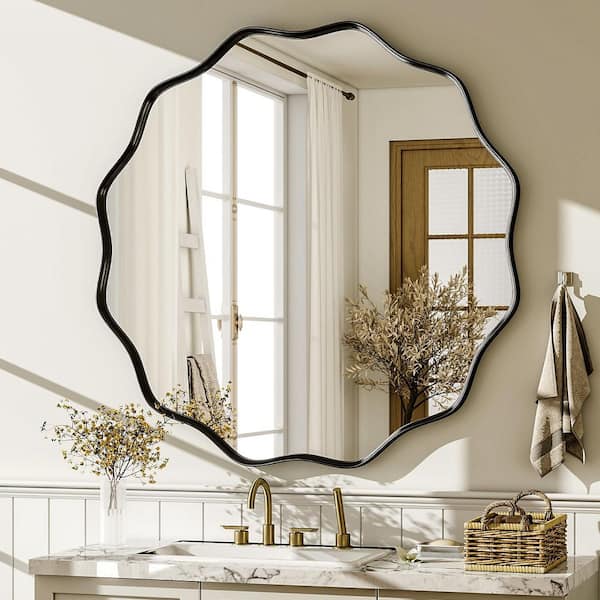 Black 30 in. W x 30 in. H Round Modern Aluminum Alloy Deep Framed with Decorative Border Vanity Mirror Wall Mirror