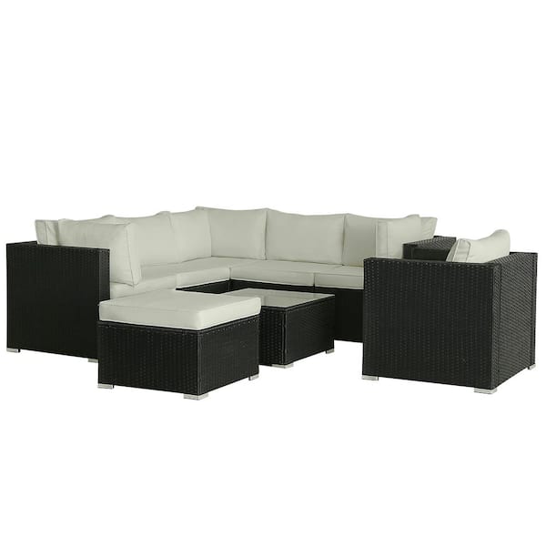 Cesicia 8-Piece Black Wicker Outdoor Sectional Set with Beige Cushions and Coffee Table