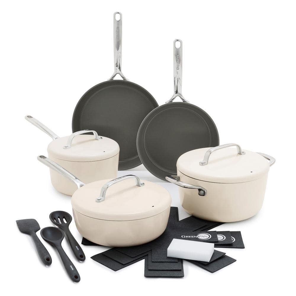 GP5 Hard Anodized Aluminum Healthy Ceramic Nonstick 15 Piece Cookware Set in Cloud Cream‼️light dirt and incomplete‼️