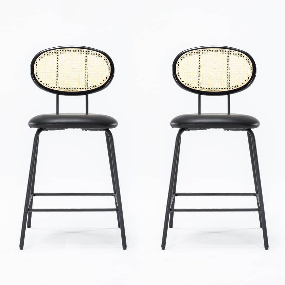 LUE BONA 36.22 in. Black Rattan Rectangular Faux Leather Counter Height