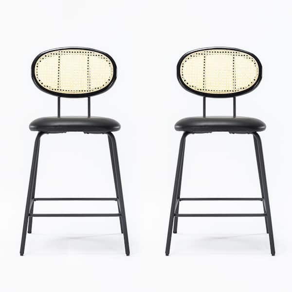 LUE BONA 36.22 in. Black Rattan Rectangular Faux Leather Counter Height Bar Stools with Metal Legs (Set of 2)