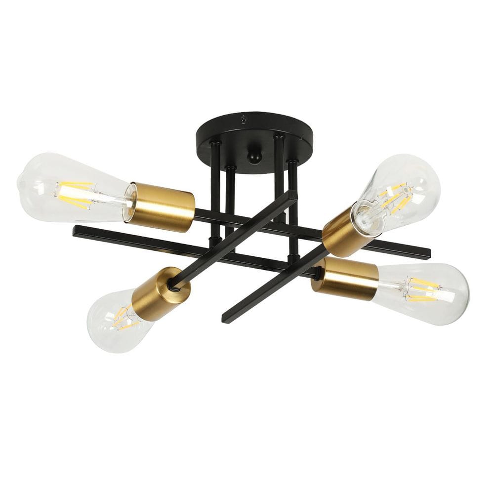 MultiEase 14 in. 4-Light Black Gold Semi Flush Mount Ceiling Light Modern Industrial Sputnik Chandelier Light, E26 Bulb Socket, image size:1000x1000