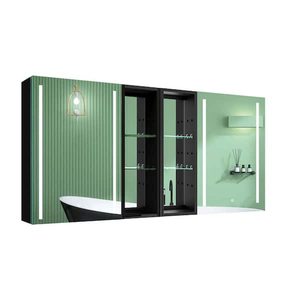 Unbranded 60 in. W x 30 in. H Silver Aluminum Recessed/Surface Mount Medicine Cabinet with Mirror Double Door Lighted