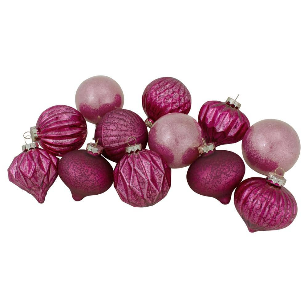 Northlight Magenta Pink Finial and Glass Ball Christmas Ornaments (Set of 12)